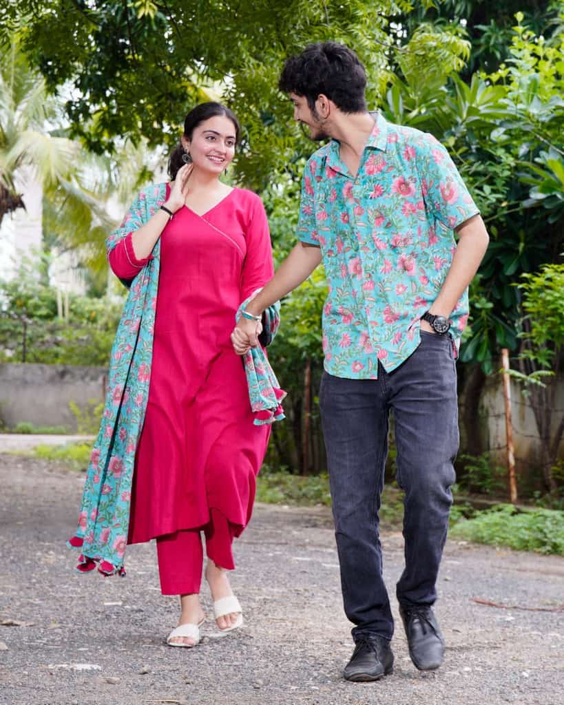 Raspberry Aqua Pink Anarkali Couple Set