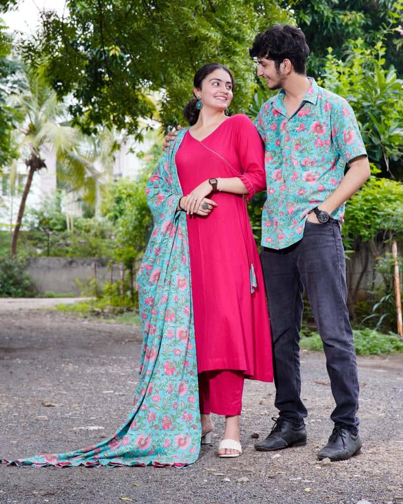 Raspberry Aqua Pink Anarkali Couple Set