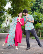 Raspberry Aqua Pink Anarkali Couple Set
