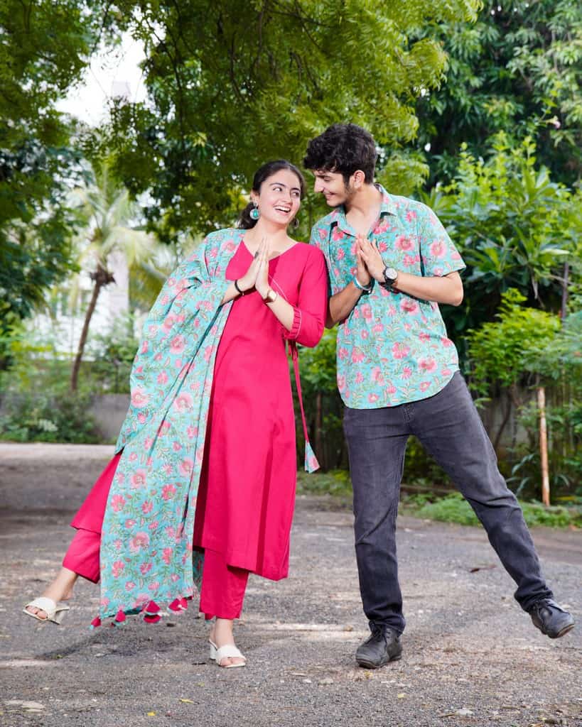 Raspberry Aqua Pink Anarkali Couple Set