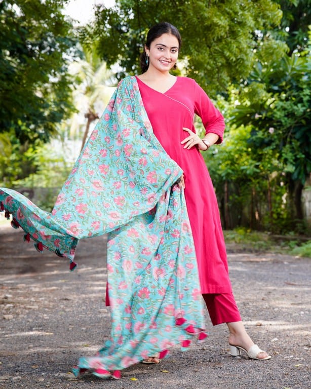 Raspberry Aqua Pink Anarkali Maternity Dress Set