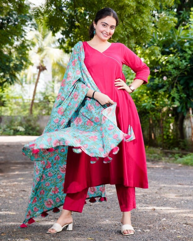 Raspberry Aqua Pink Anarkali Maternity Dress Set