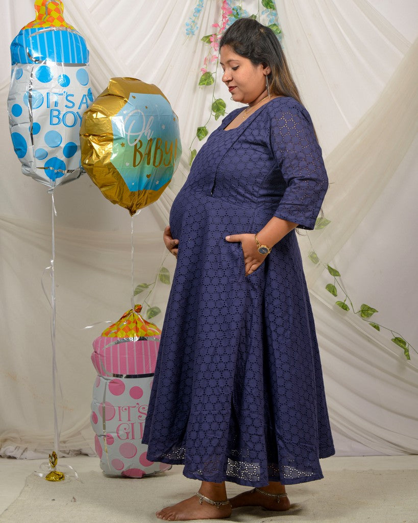 Ink Blue Cutwork Long Maternity Dress