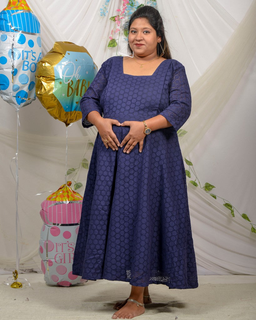 Ink Blue Cutwork Long Maternity Dress Main image