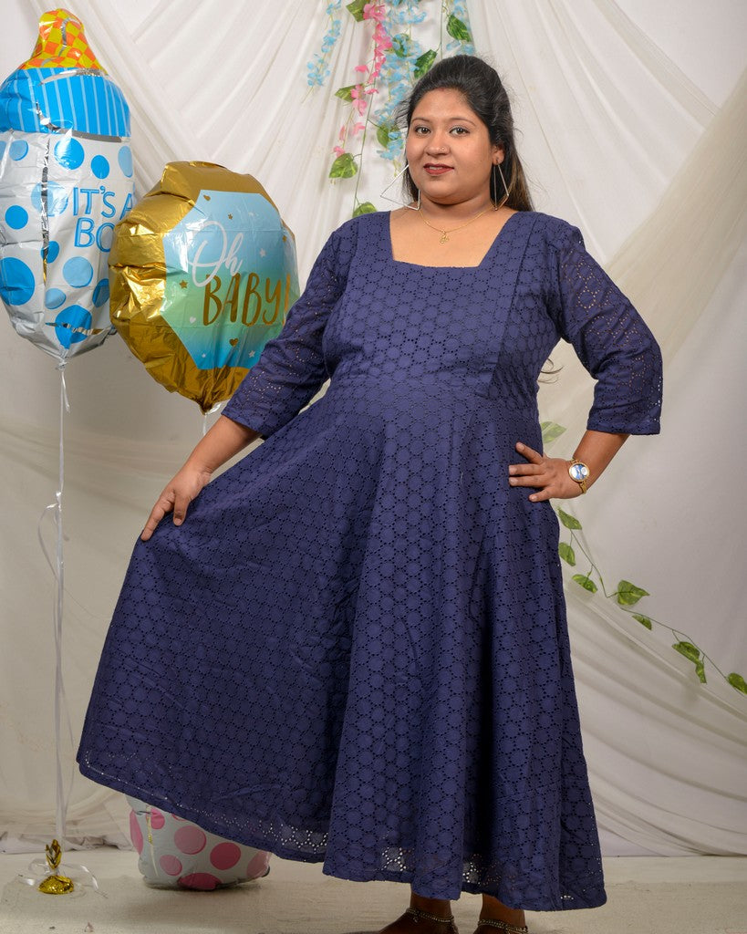 Ink Blue Cutwork Long Maternity Dress