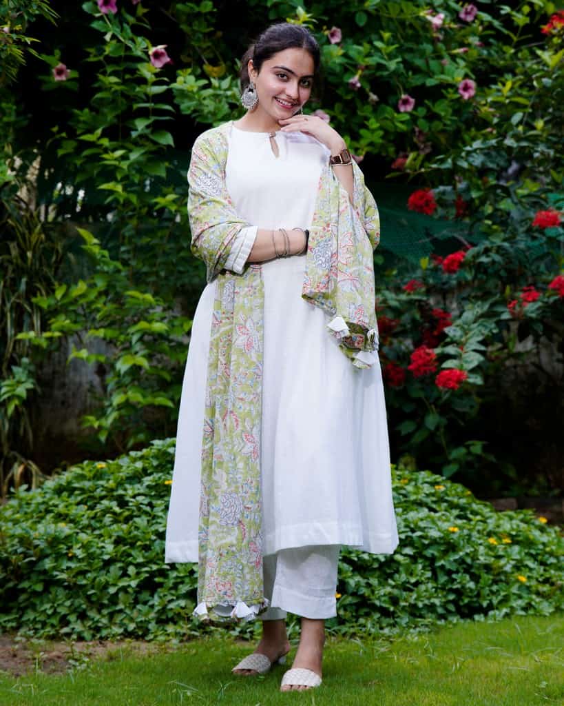 White Mint Green Anarkali Kurta Set