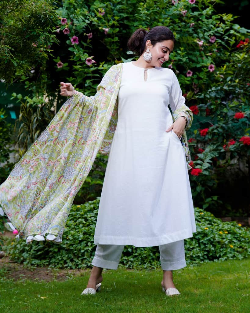 White Mint Green Anarkali Kurta Set