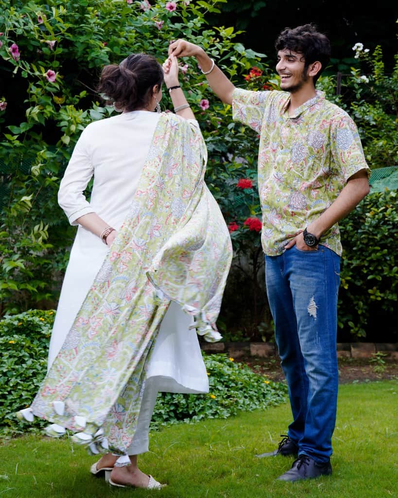 White Mint Green Anarkali Couple Set