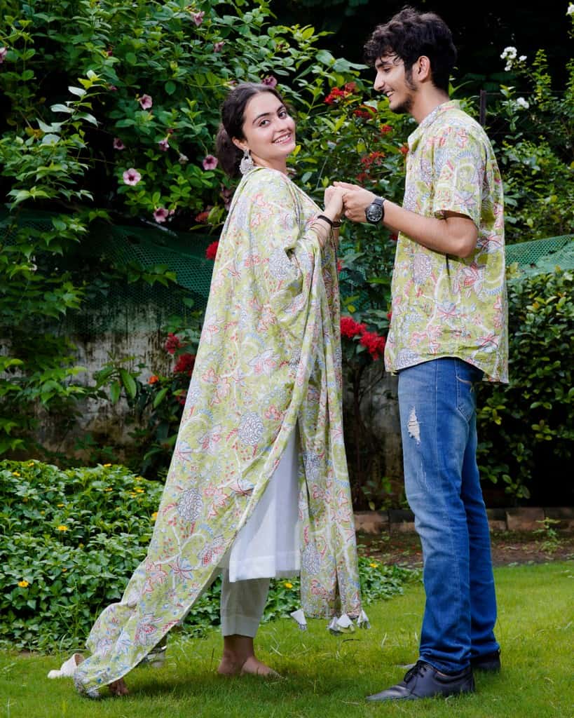 White Mint Green Anarkali Couple Set