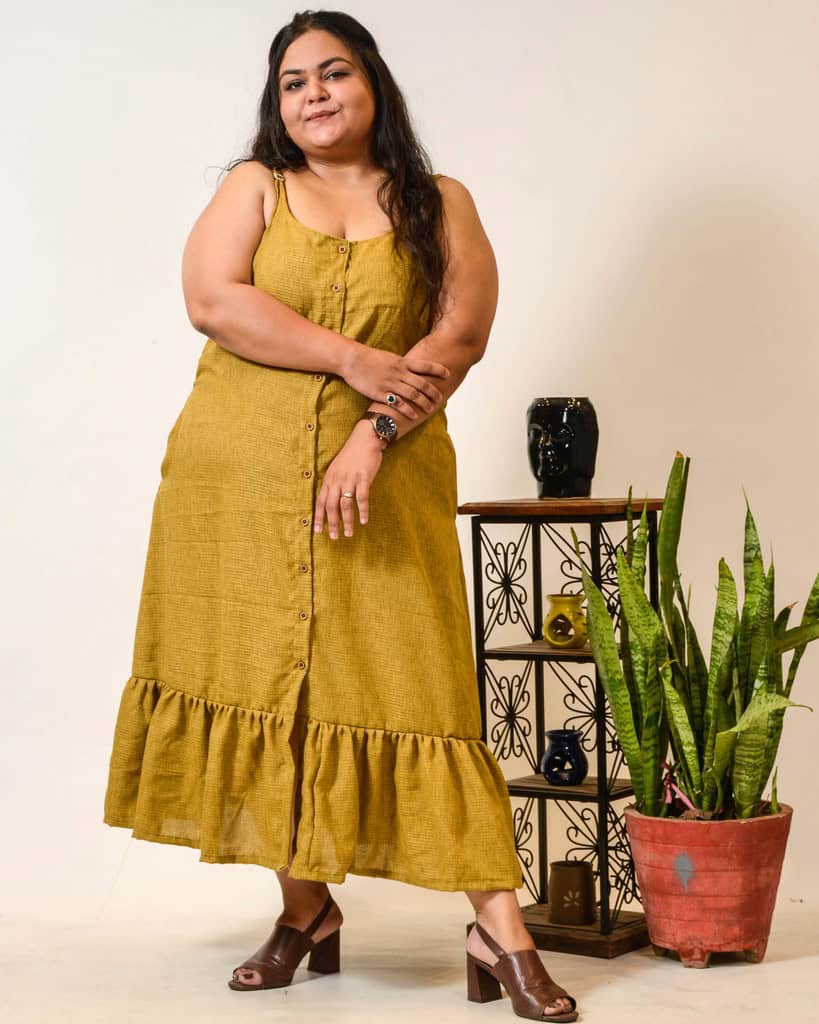 Mustard Checkered Strappy Plus Size Dress