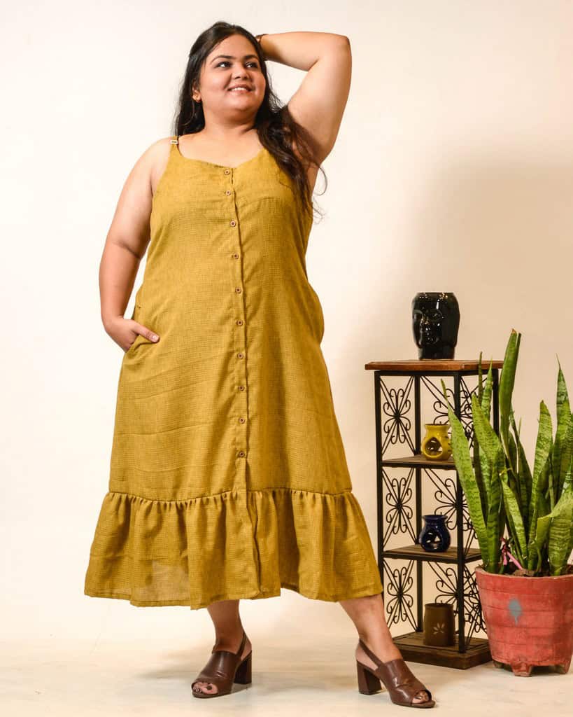 Mustard Checkered Strappy Plus Size Dress