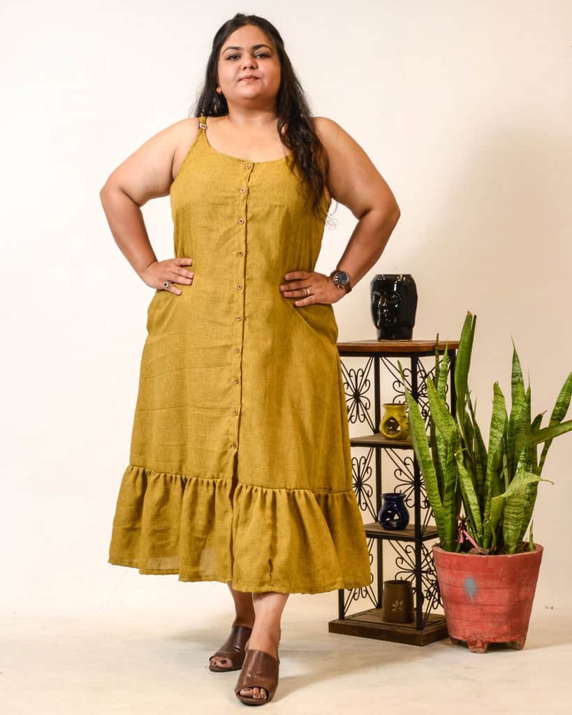 Mustard Checkered Strappy Plus Size Dress