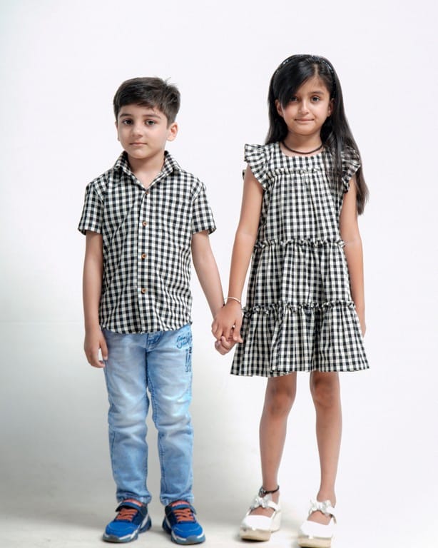 Ikat Checkered Father Kids Twinning