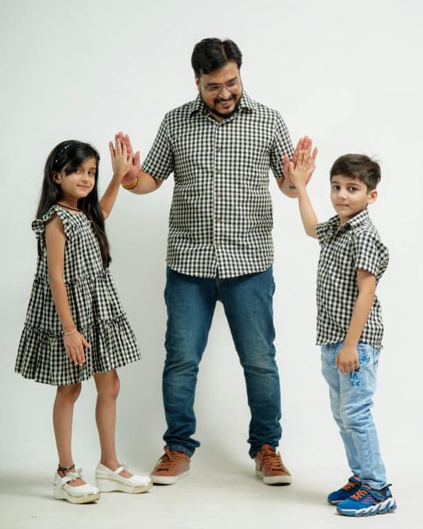 Ikat Checkered Father Kids Twinning