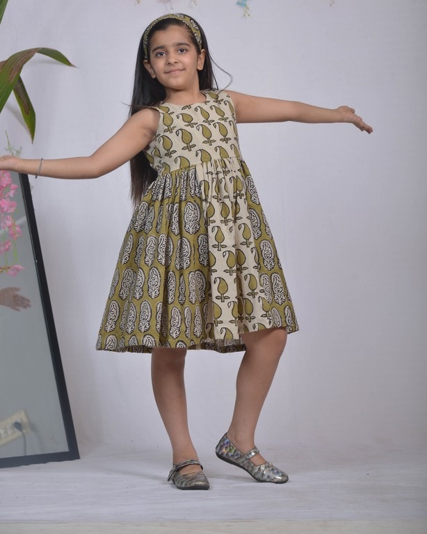 Mustard Block Print Kid Dress