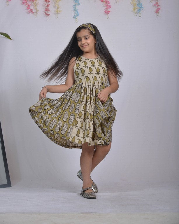 Mustard Block Print Kid Dress