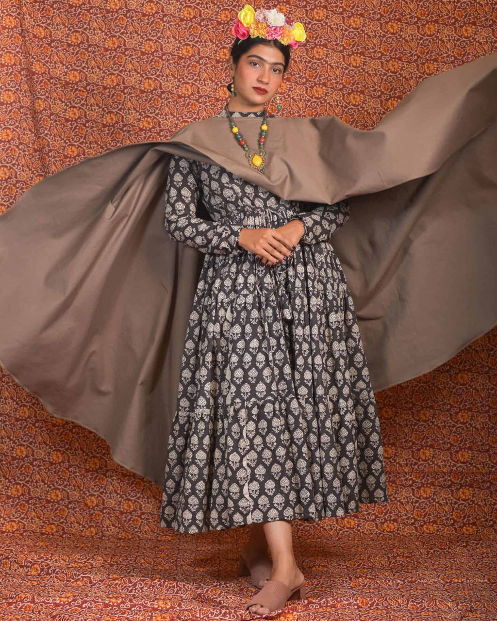 Tiered Black Forest Denim Cape Dress