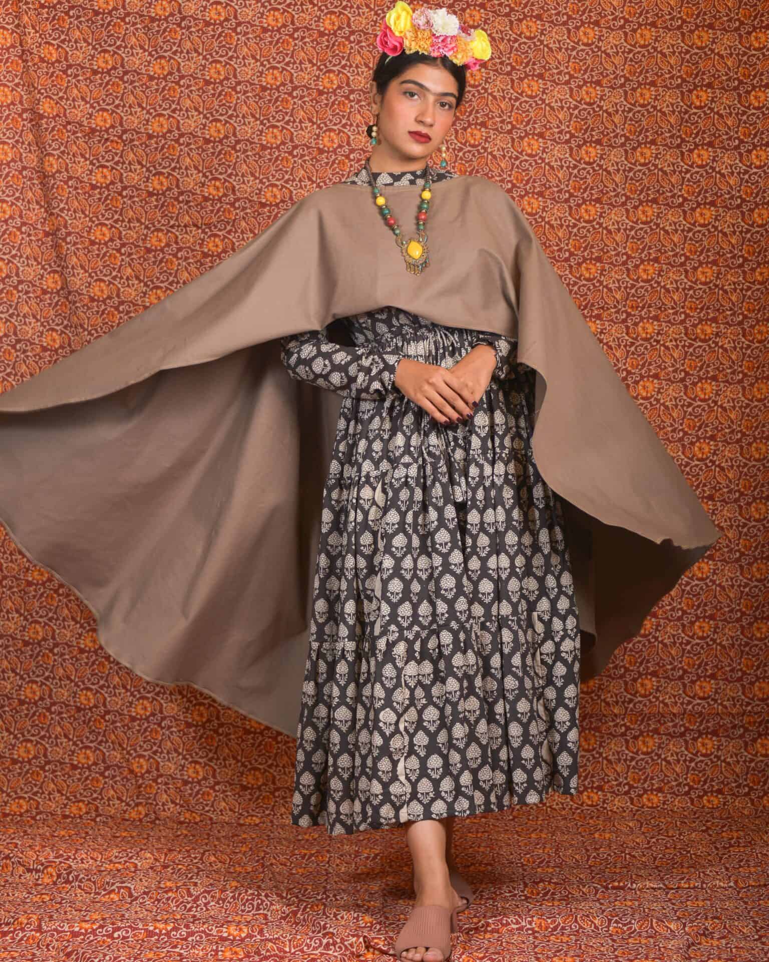Tiered Black Forest Denim Cape Dress