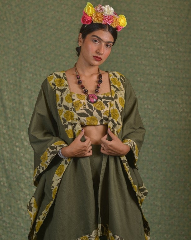 Yellow Canes Olive Green Denim Co-Ord Set