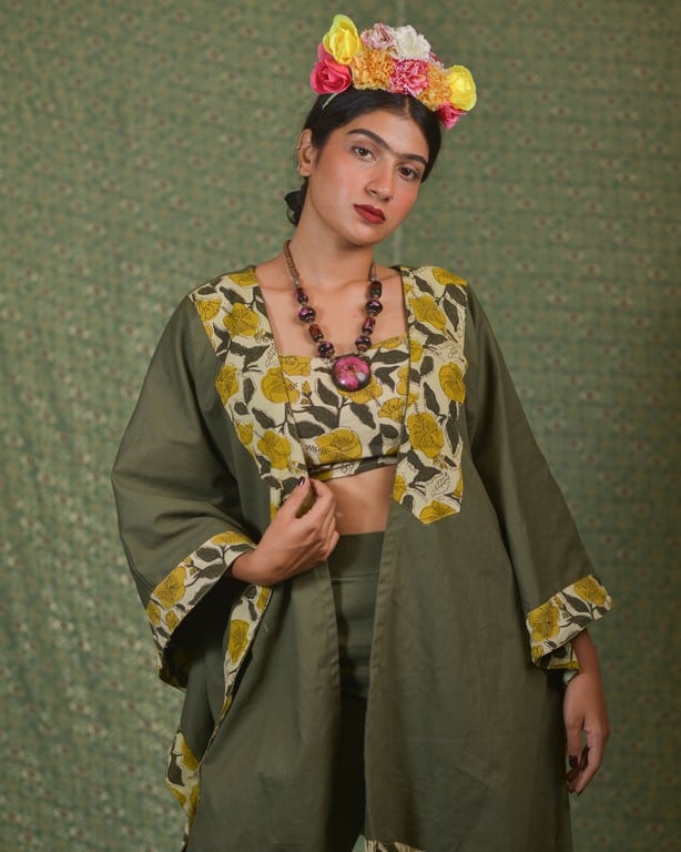 Yellow Canes Olive Green Denim Co-Ord Set