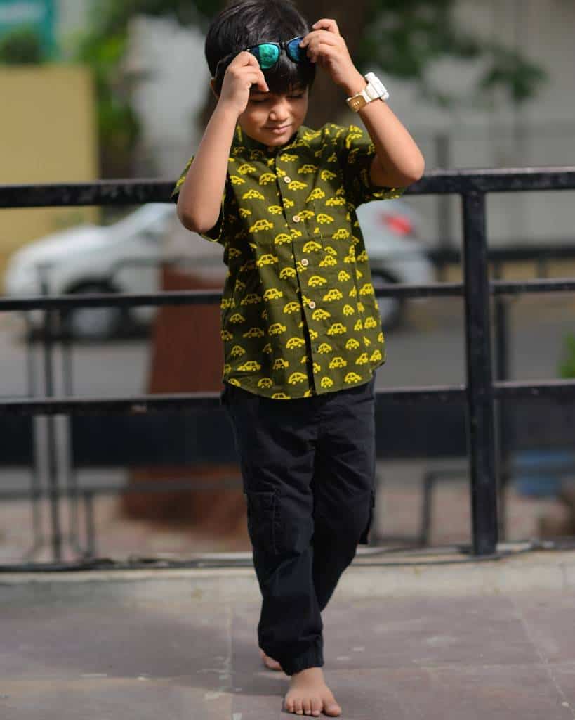 Green Car Print Kids Shirt