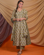 Mustard Block Print Anarkali Kurta Set