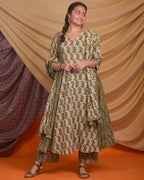 Mustard Block Print Anarkali Kurta Set