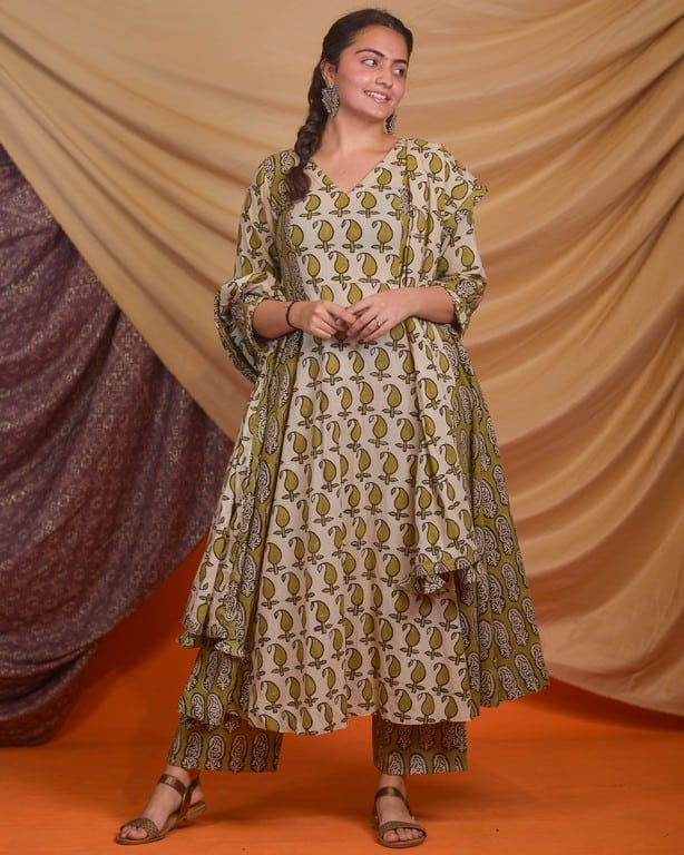 Mustard Block Print Anarkali Kurta Set