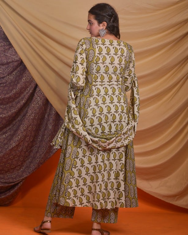 Mustard Block Print Anarkali Kurta Set