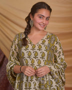 Mustard Block Print Anarkali Kurta Set