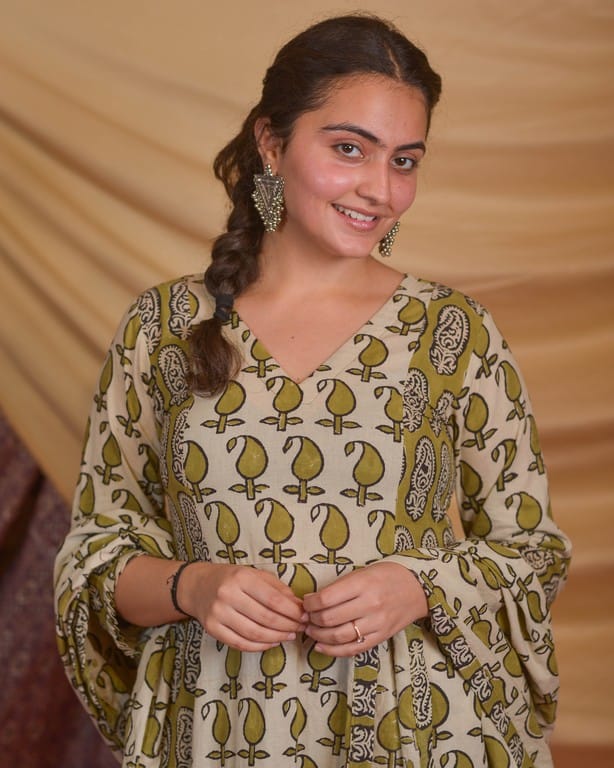 Mustard Block Print Anarkali Kurta Set