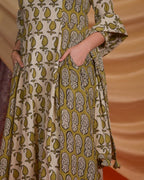 Mustard Block Print Anarkali Kurta Set