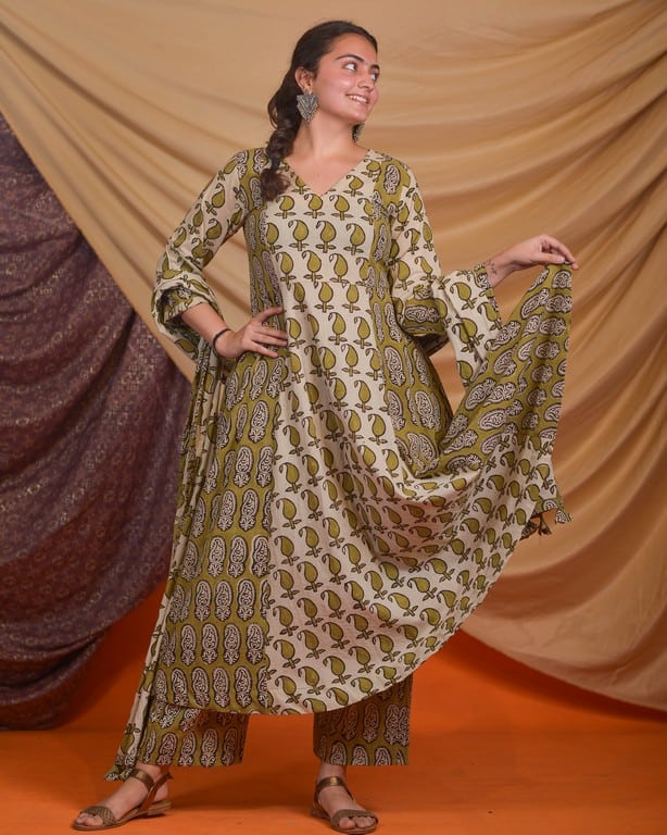 Mustard Block Print Anarkali Kurta Set