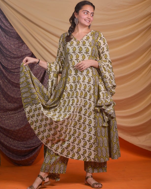 Mustard Block Print Anarkali Kurta Set