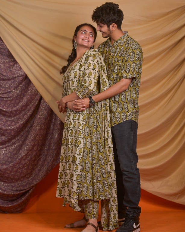 Mustard Block Print Anarkali Couple Set