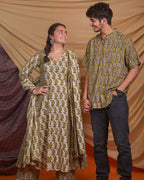 Mustard Block Print Anarkali Couple Set