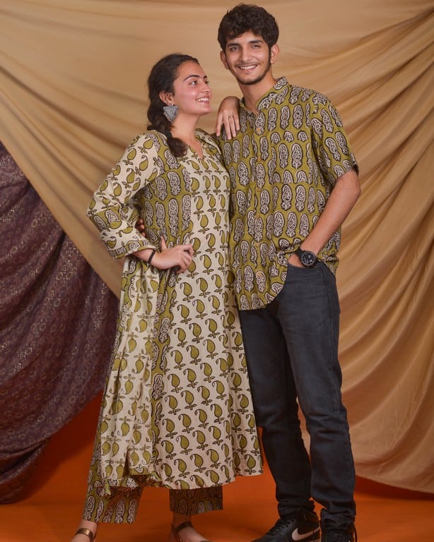 Mustard Block Print Anarkali Couple Set