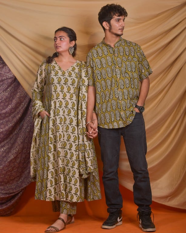 Mustard Block Print Anarkali Couple Set