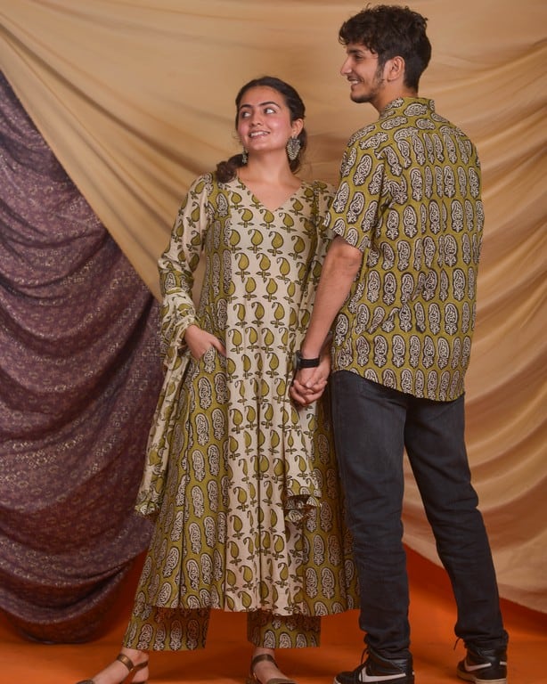 Mustard Block Print Anarkali Family Set