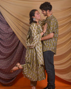 Mustard Block Print Anarkali Couple Set