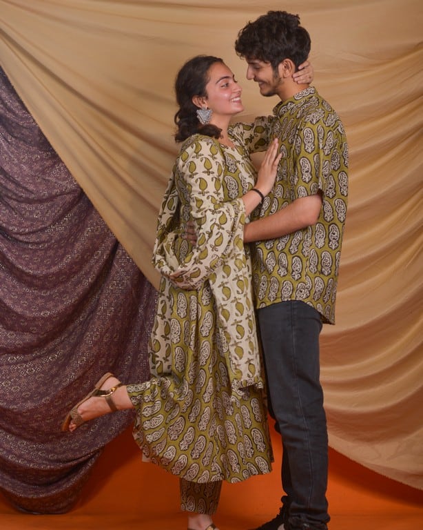 Mustard Block Print Anarkali Family Set