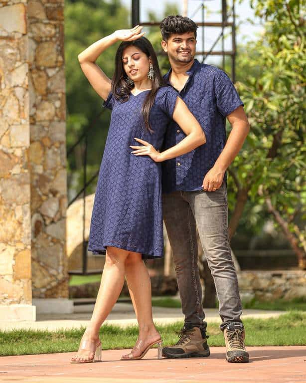 Ink Blue Cutwork Short Dress Couple