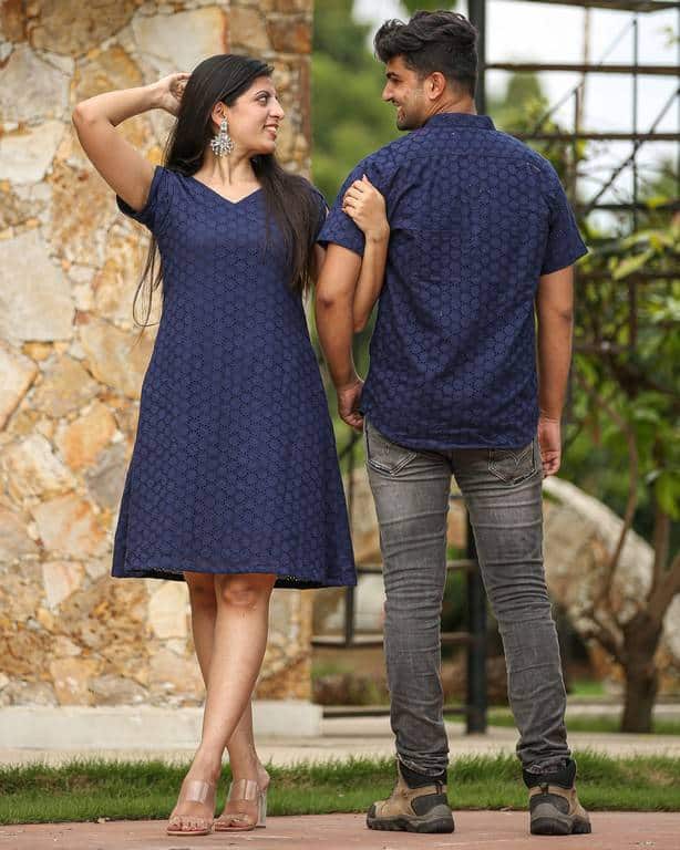 Ink Blue Cutwork Short Dress Couple