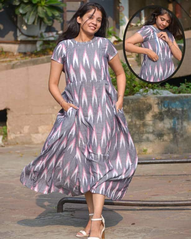 Grey Ikat Long Nursing Dress