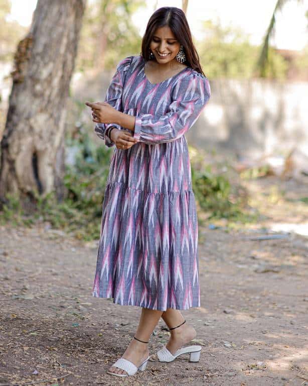 Grey Ikat Tiered Nursing Dress.