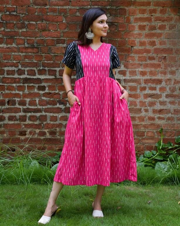 Pink Punch Ikat Pleated Dress
