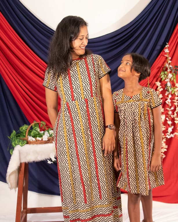 Red Yellow Block Print Dress Mother Daughter Twinning