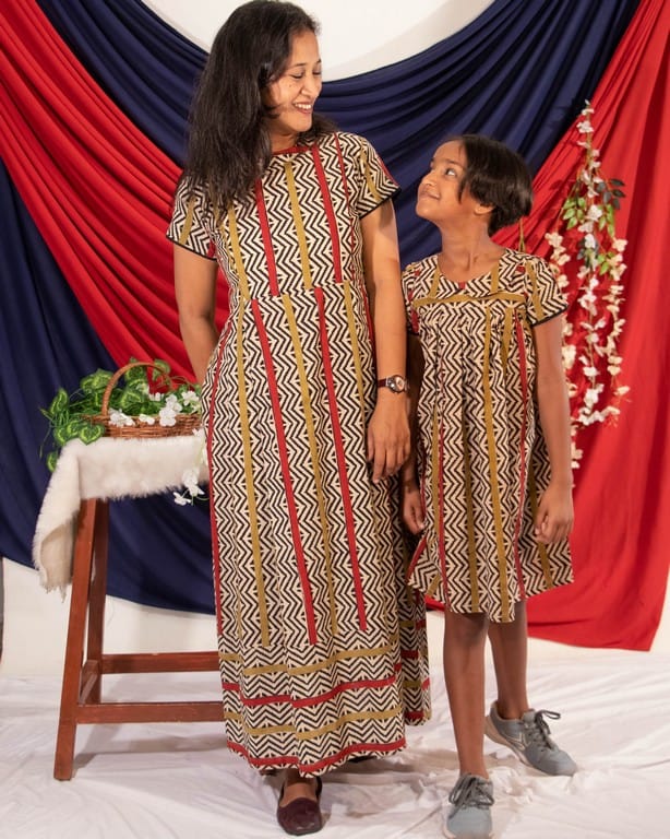 Red Yellow Block Print Dress Mother Daughter Twinning