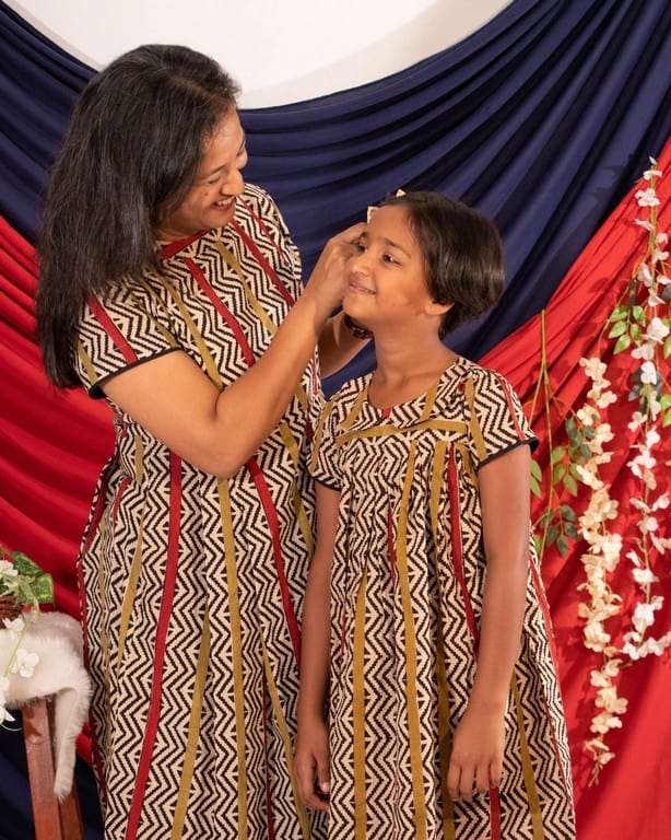 Red Yellow Block Print Dress Mother Daughter Twinning
