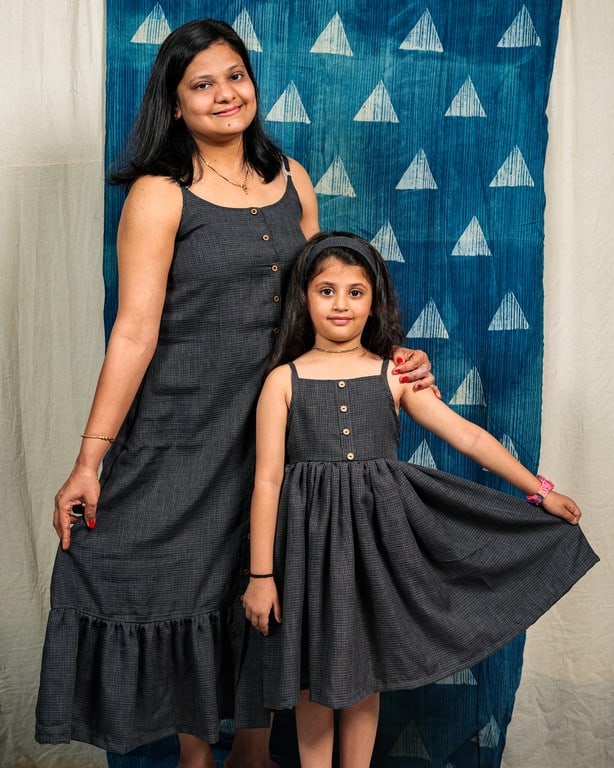 Grey Checkered Strappy Mother Daughter Twinning
